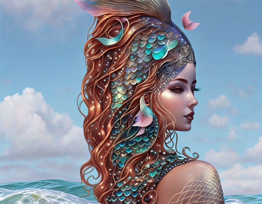 Mermaid illustration with fish scales, copper hair, and ocean backdrop