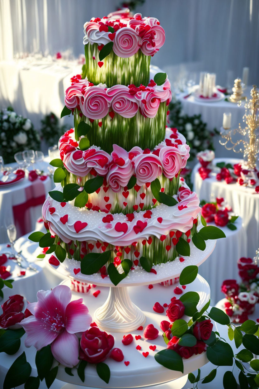 Elegant tiered wedding cake with pink swirls, hearts, roses, and fondant design on