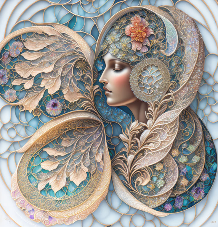 Detailed Butterfly Wing Artwork with Serene Female Face