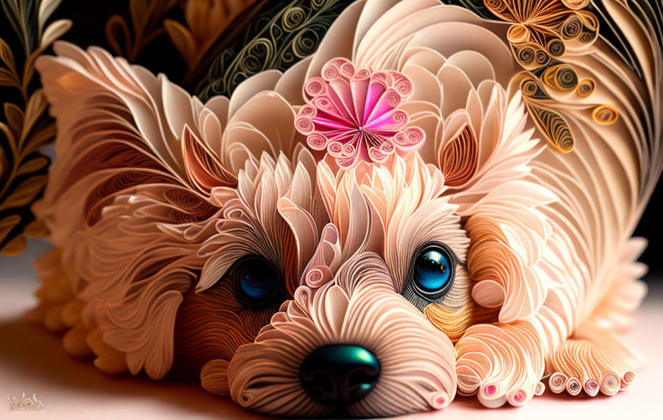 Stylized digital artwork: Intricate curled-paper-textured dog with expressive blue eyes