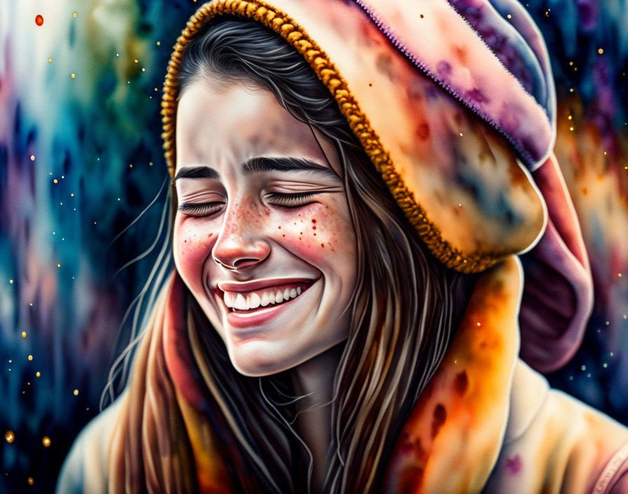 Colorful digital artwork of a smiling woman in hoodie and beanie