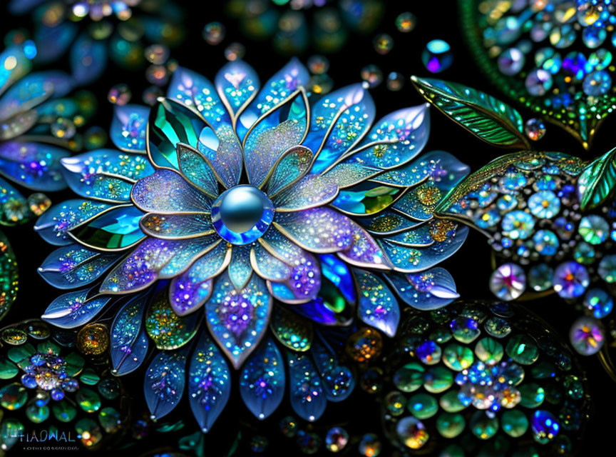 Colorful digital artwork featuring iridescent flower with jewel-like details