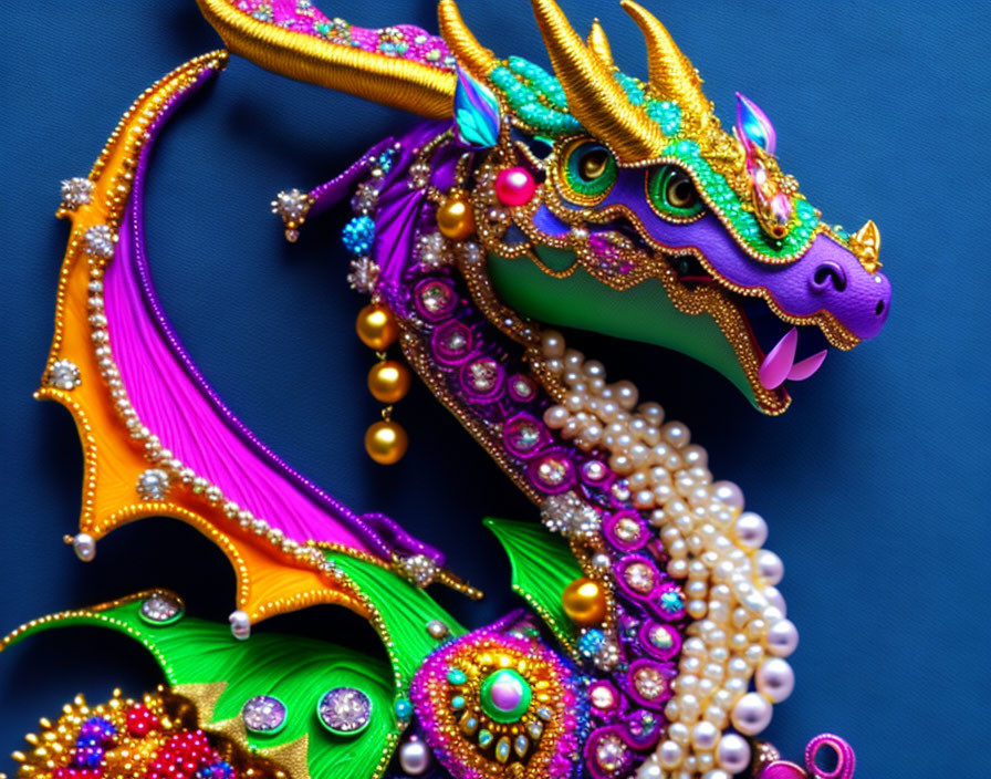 Colorful Dragon Sculpture with Pearls and Jewels on Blue Background