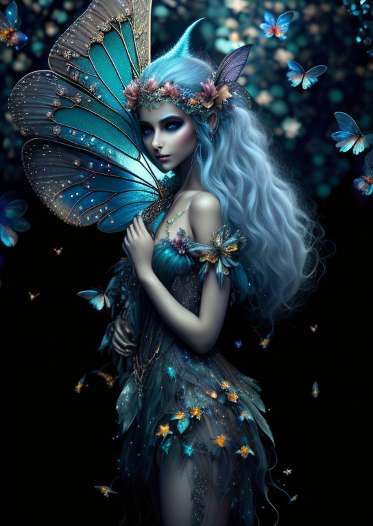Enchanting fairy with blue wings in mystical setting