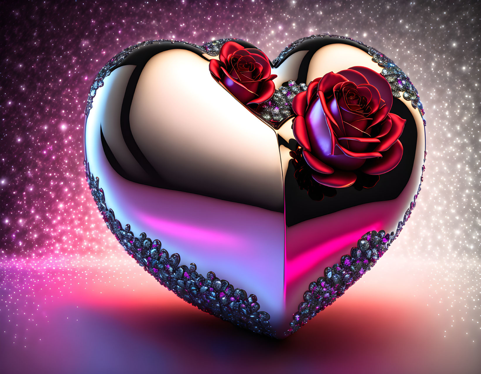 Heart-shaped object with roses and jeweled border on pink and purple background