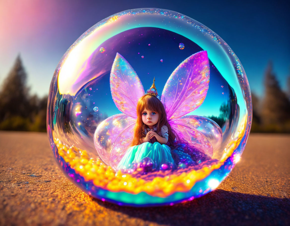 Child with butterfly wings in iridescent bubble on road at twilight