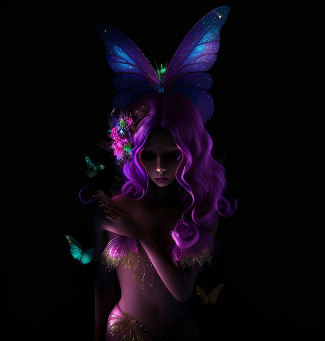 Mystical fairy with violet hair and butterfly wings in dark setting surrounded by glowing butterflies