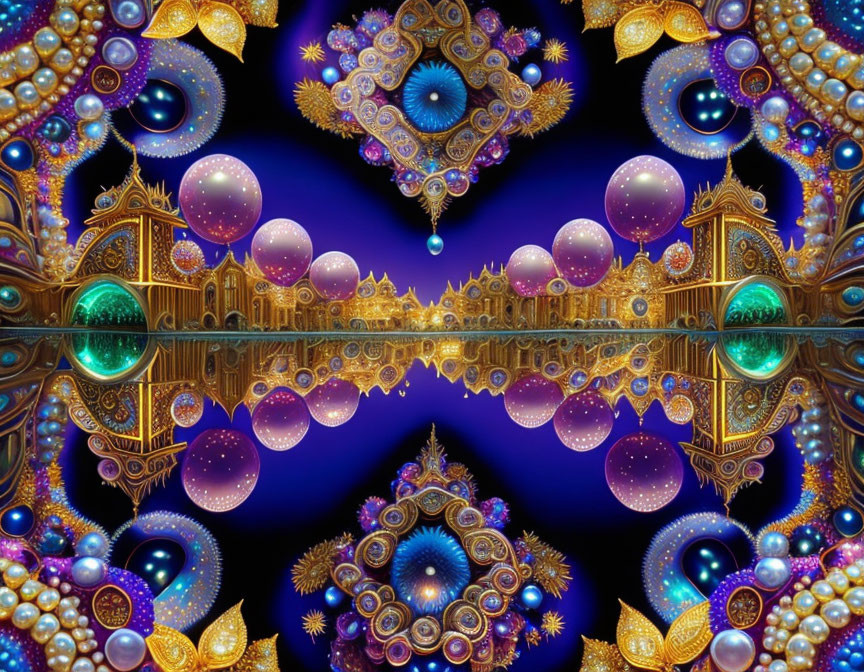 Symmetrical gold-edged fractal image with glowing orbs in blue palette
