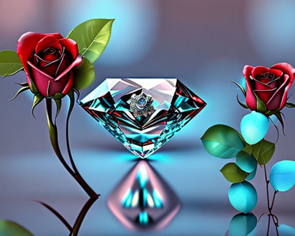 Digital Image: Blue Diamond Ring with Red Roses on Blurred Background