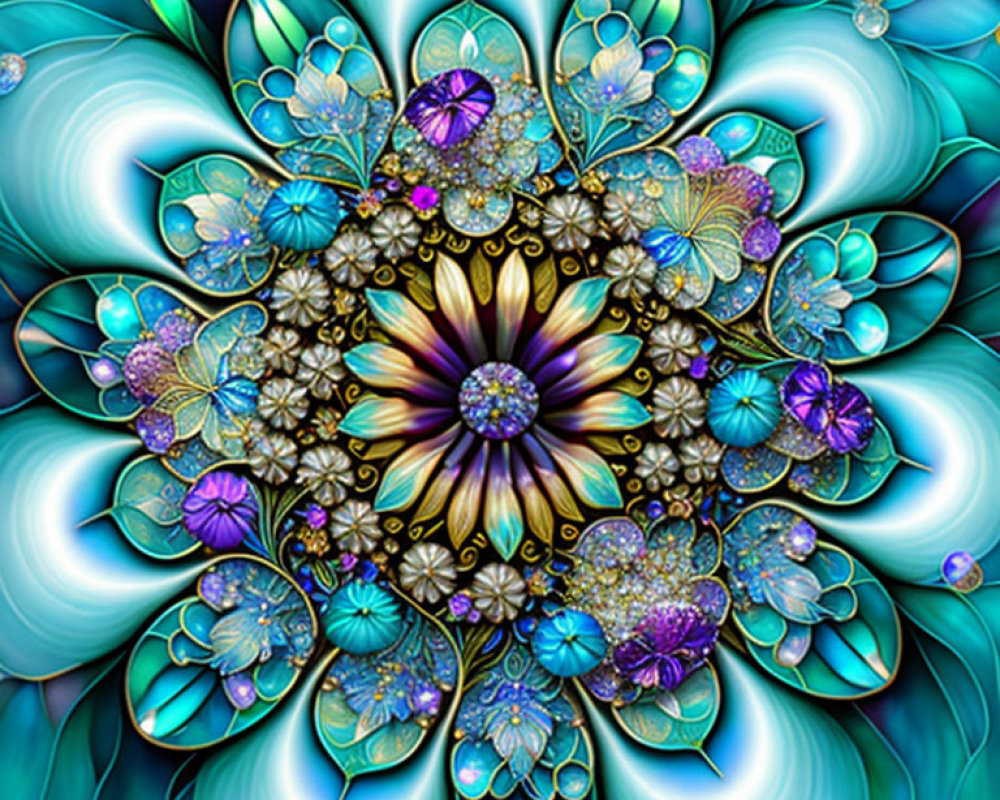 Colorful Digital Mandala with Floral and Geometric Patterns in Blues, Purples, and Gold