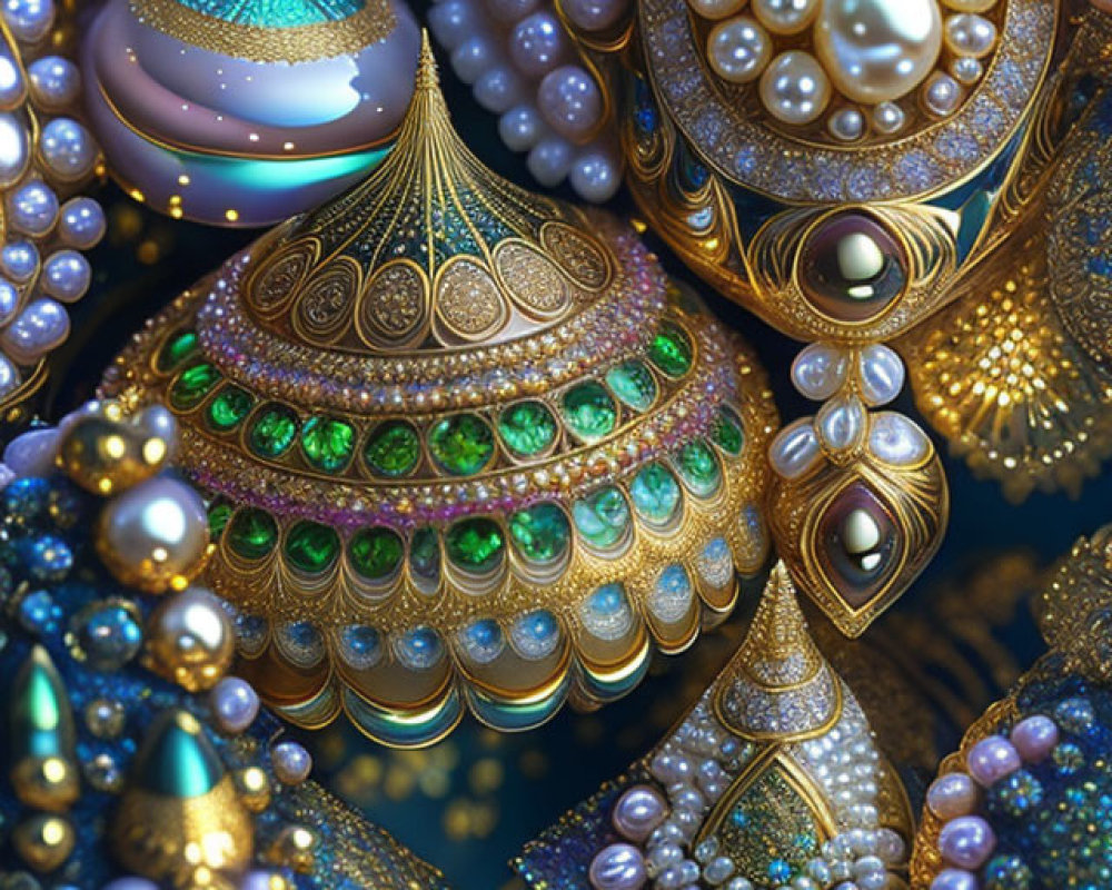 Luxurious digital artwork of jewel-encrusted objects with pearls and gemstones
