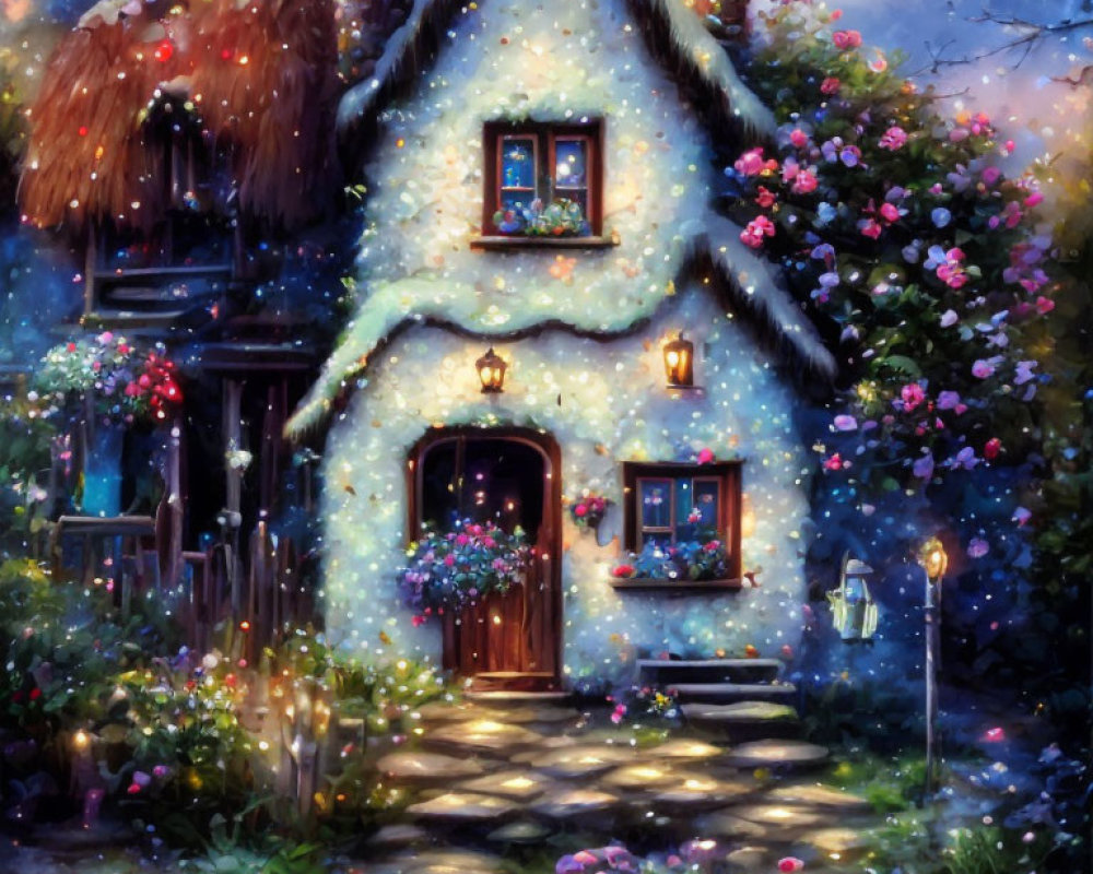 Twilight cottage with illuminated windows and stone path