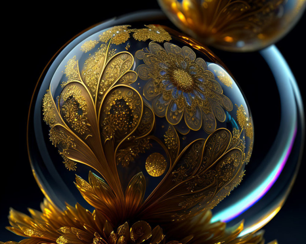 Intricate Golden Fractal Flower Patterns on Spherical Objects