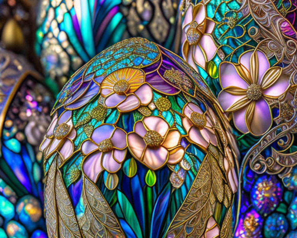 Colorful Fabergé-Style Eggs with Floral and Peacock Feather Motifs