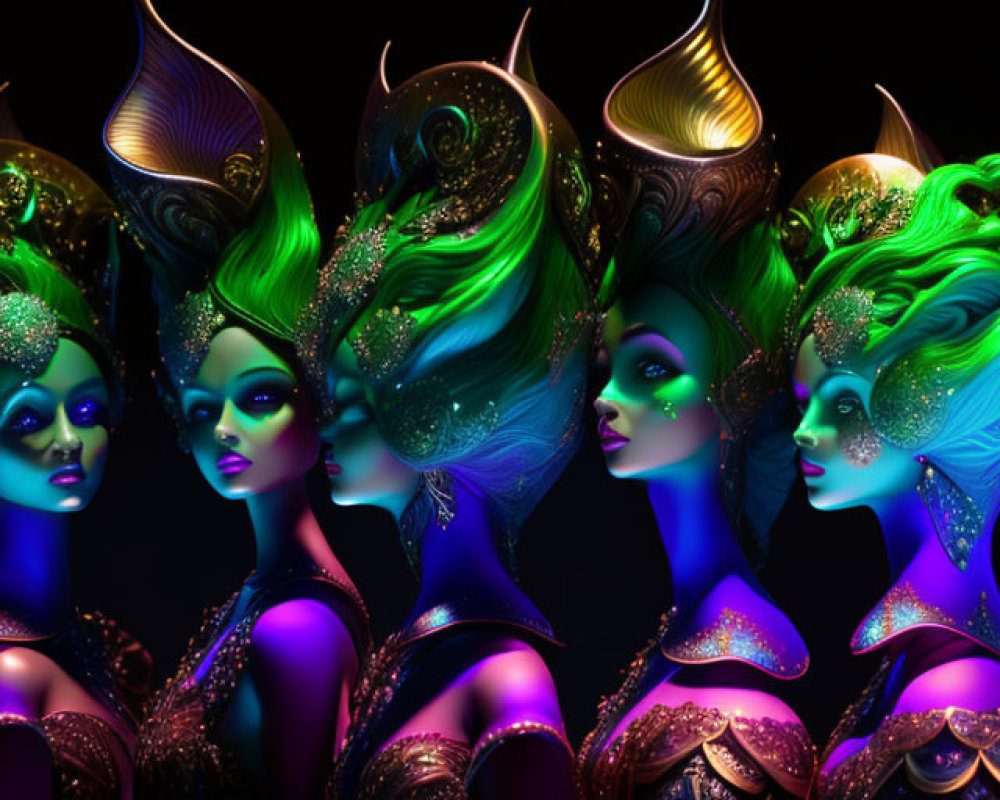 Colorful female figures with elaborate hairstyles and vibrant makeup on dark background