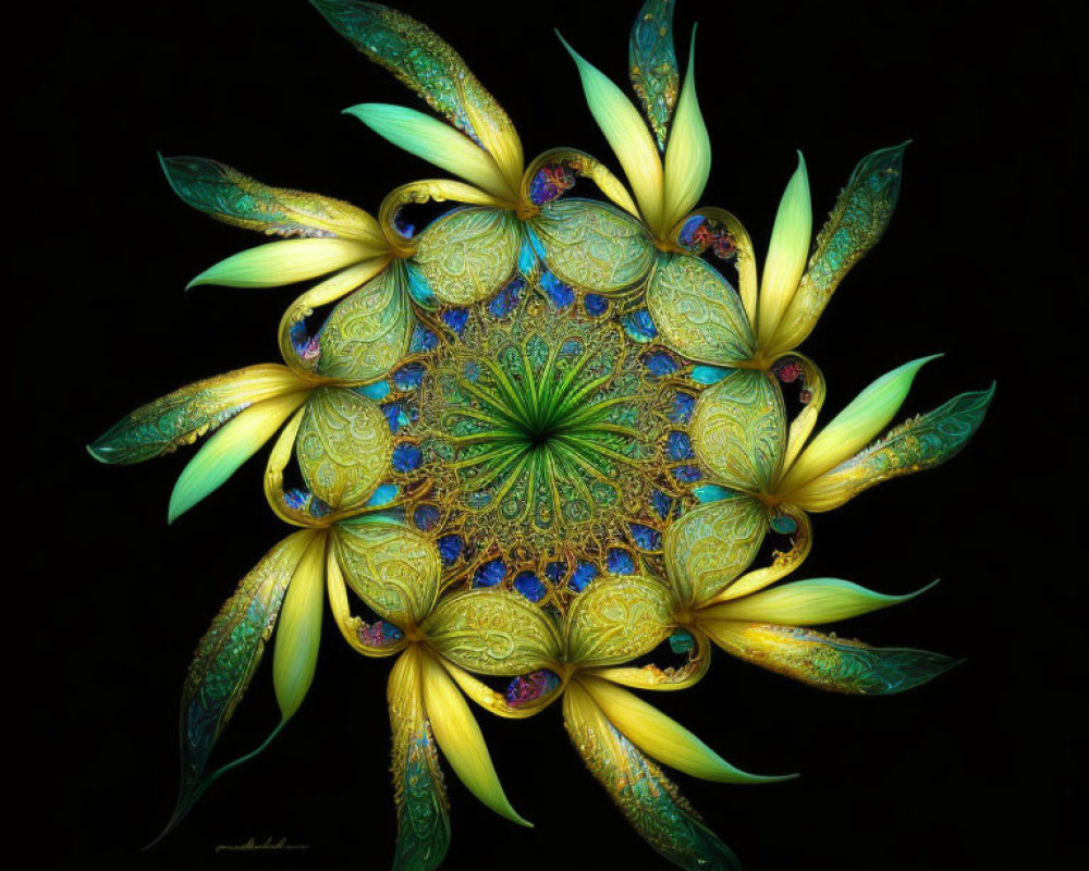 Symmetrical digital art: Vibrant yellow flower on black background