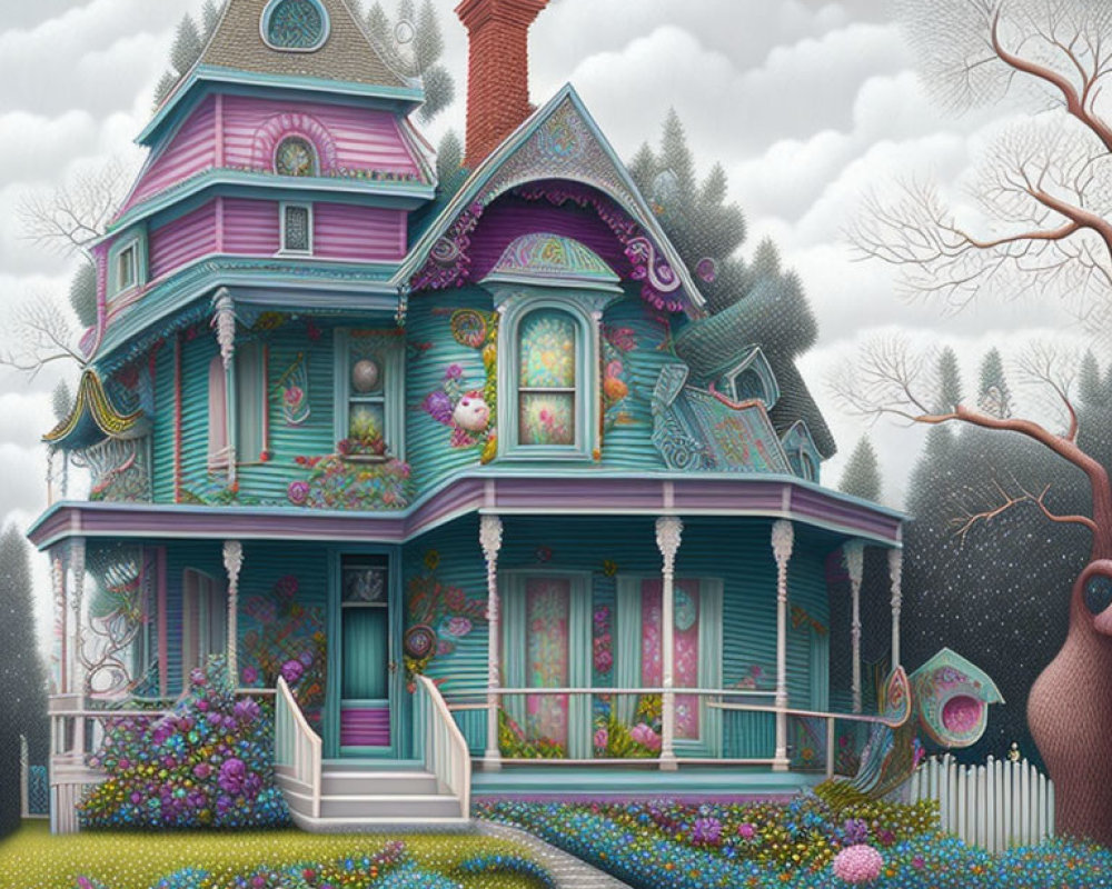 Vibrant violet and teal Victorian style house illustration
