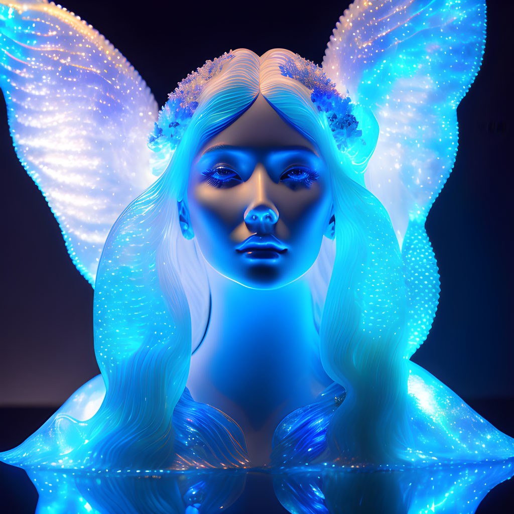 Surreal portrait of woman with glowing blue skin and butterfly wings