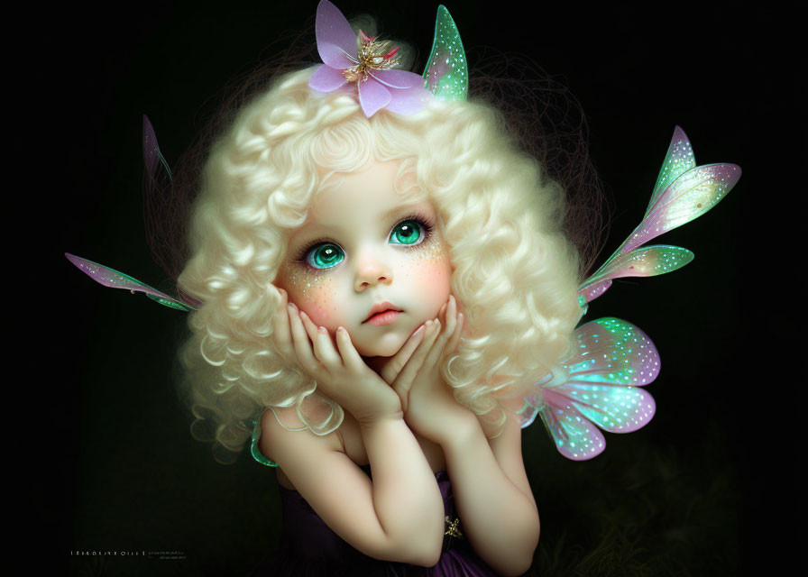 Whimsical fairy child with green eyes, blonde hair, butterfly wings