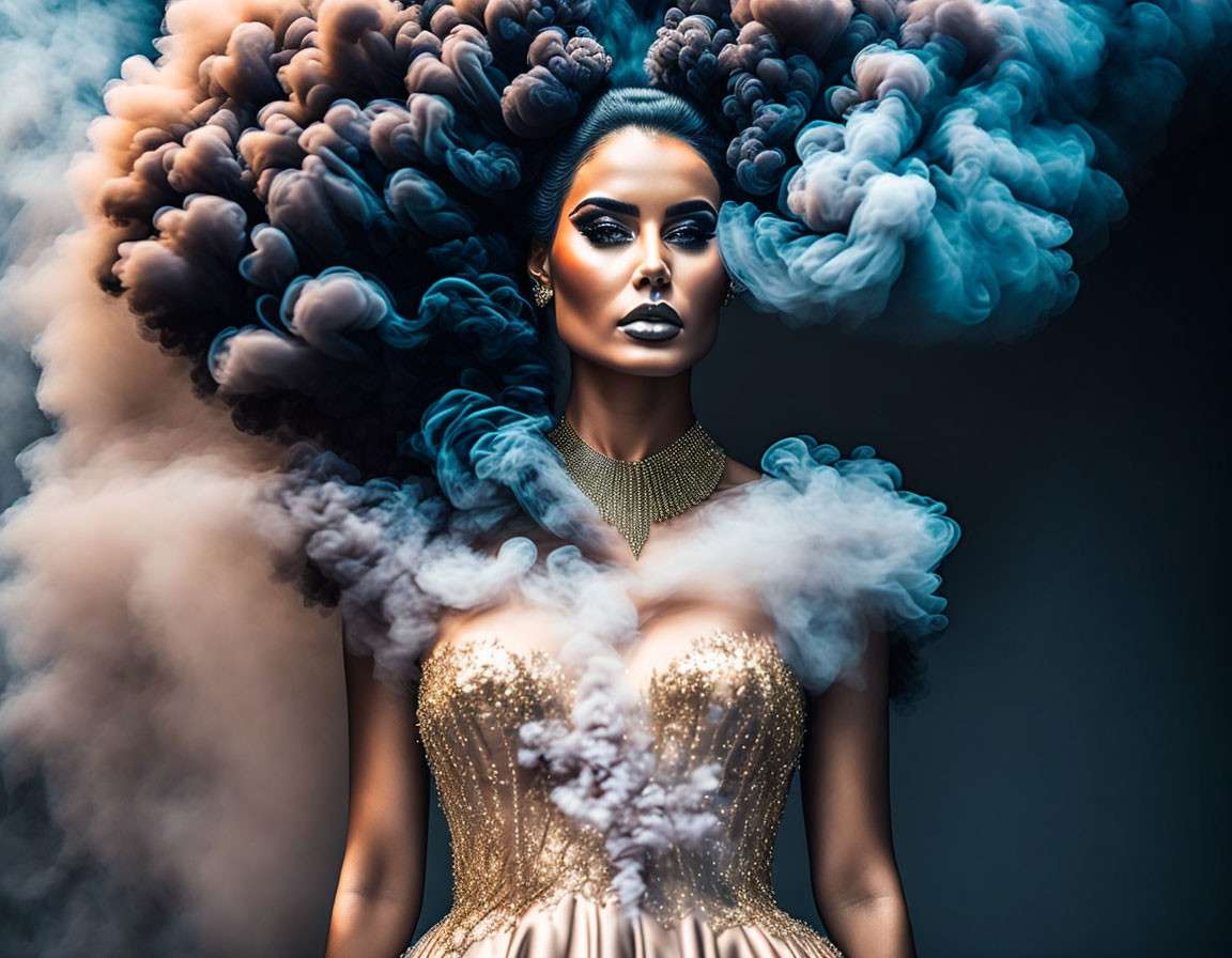 Woman in dramatic makeup surrounded by swirling blue and grey smoke in gold dress and necklace.