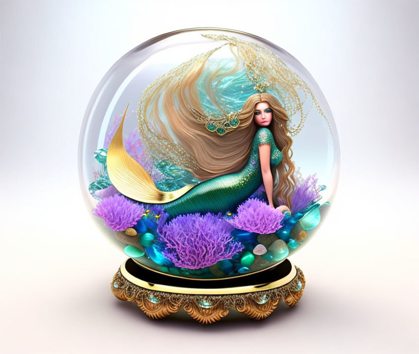 Mermaid Fantasy Illustration with Golden Hair in Transparent Globe