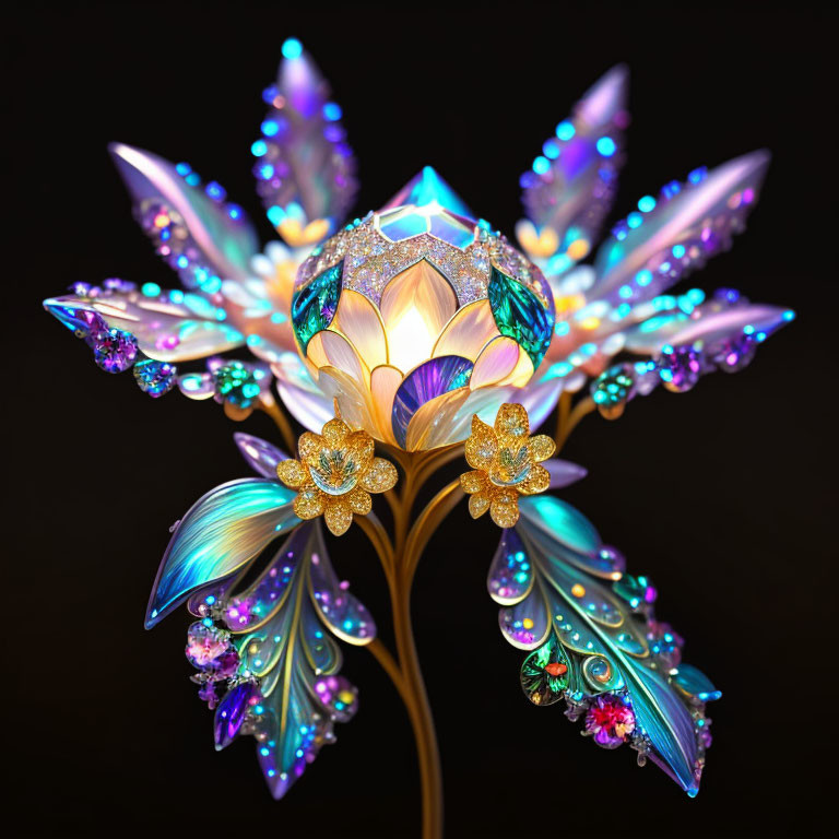 Colorful Lotus Flower Sculpture with Glittering Petals on Dark Background