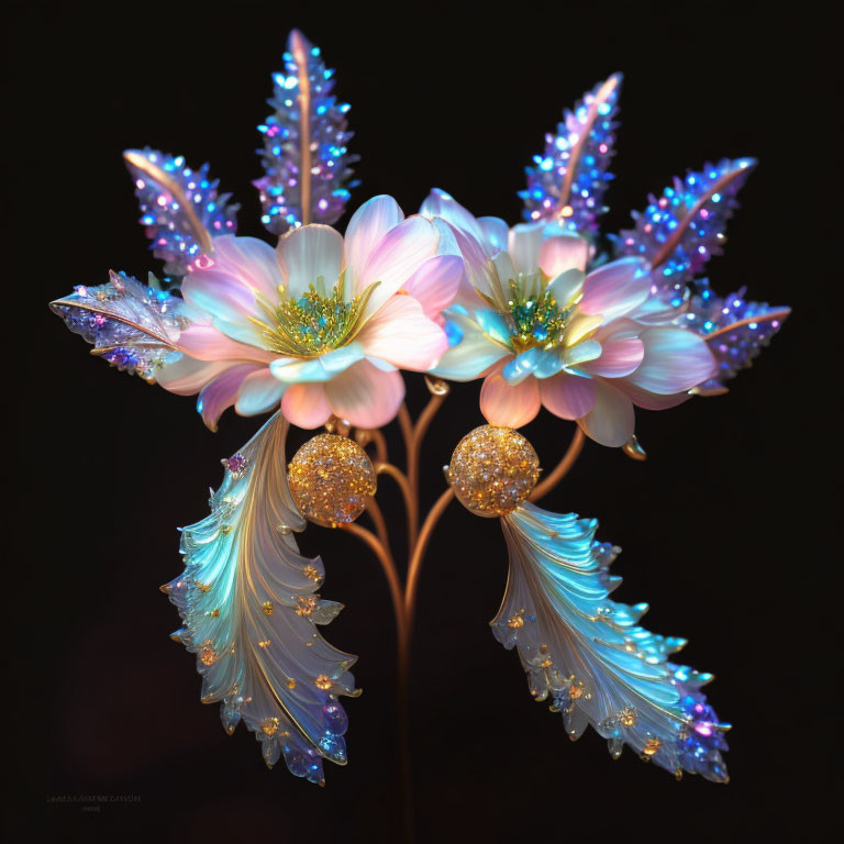 Luminescent fantasy flowers with iridescent petals on dark background
