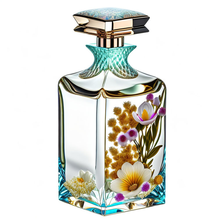 Luxury Perfume Bottle with Textured Cap, Floral Designs, and Gold Accents
