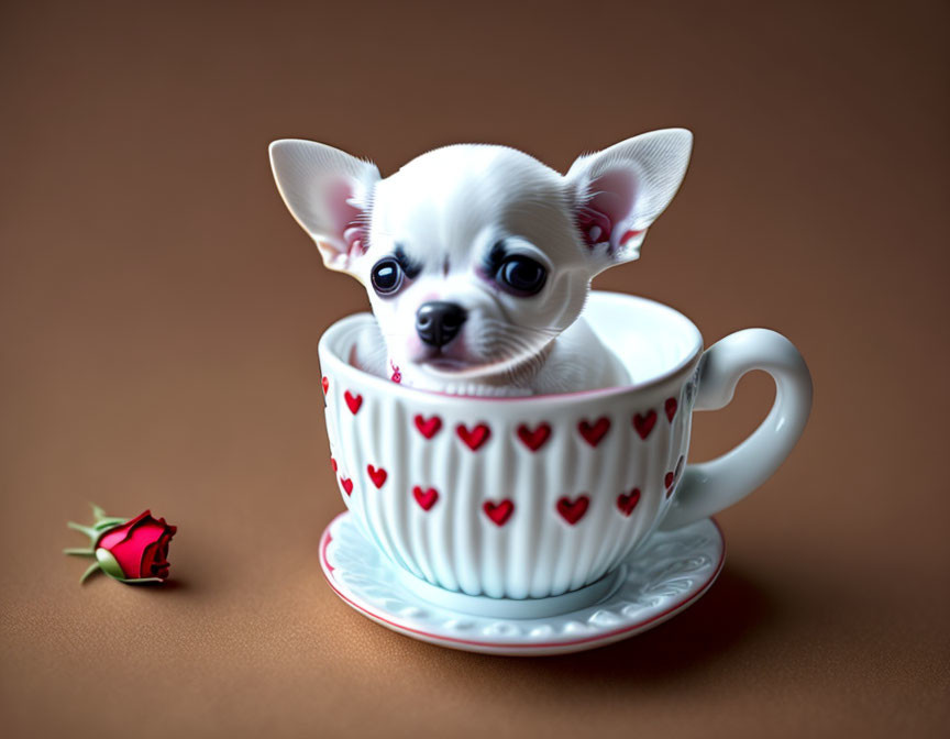 White Chihuahua Puppy in Heart Teacup with Red Rose