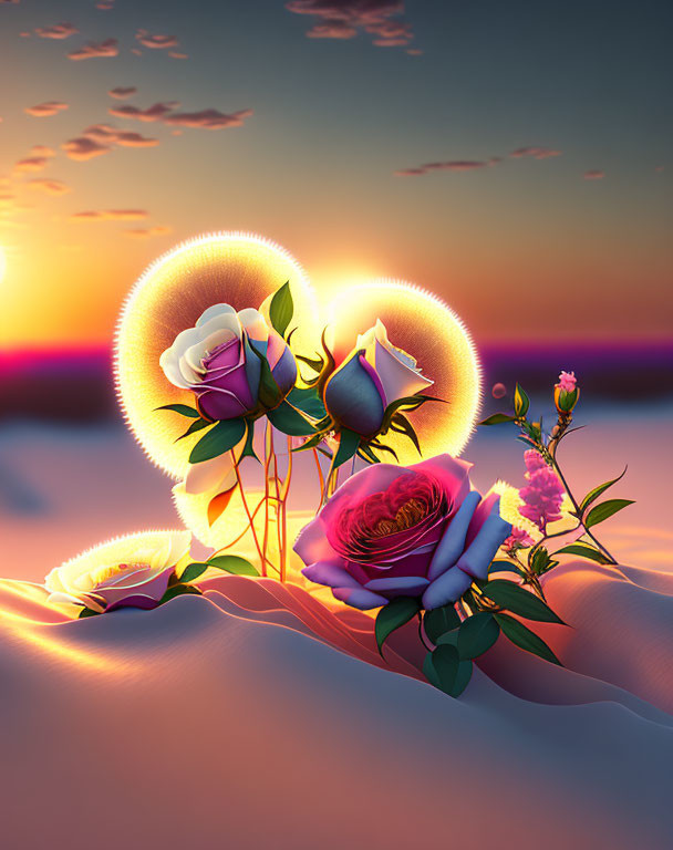 Surreal desert landscape with glowing halo roses at dusk