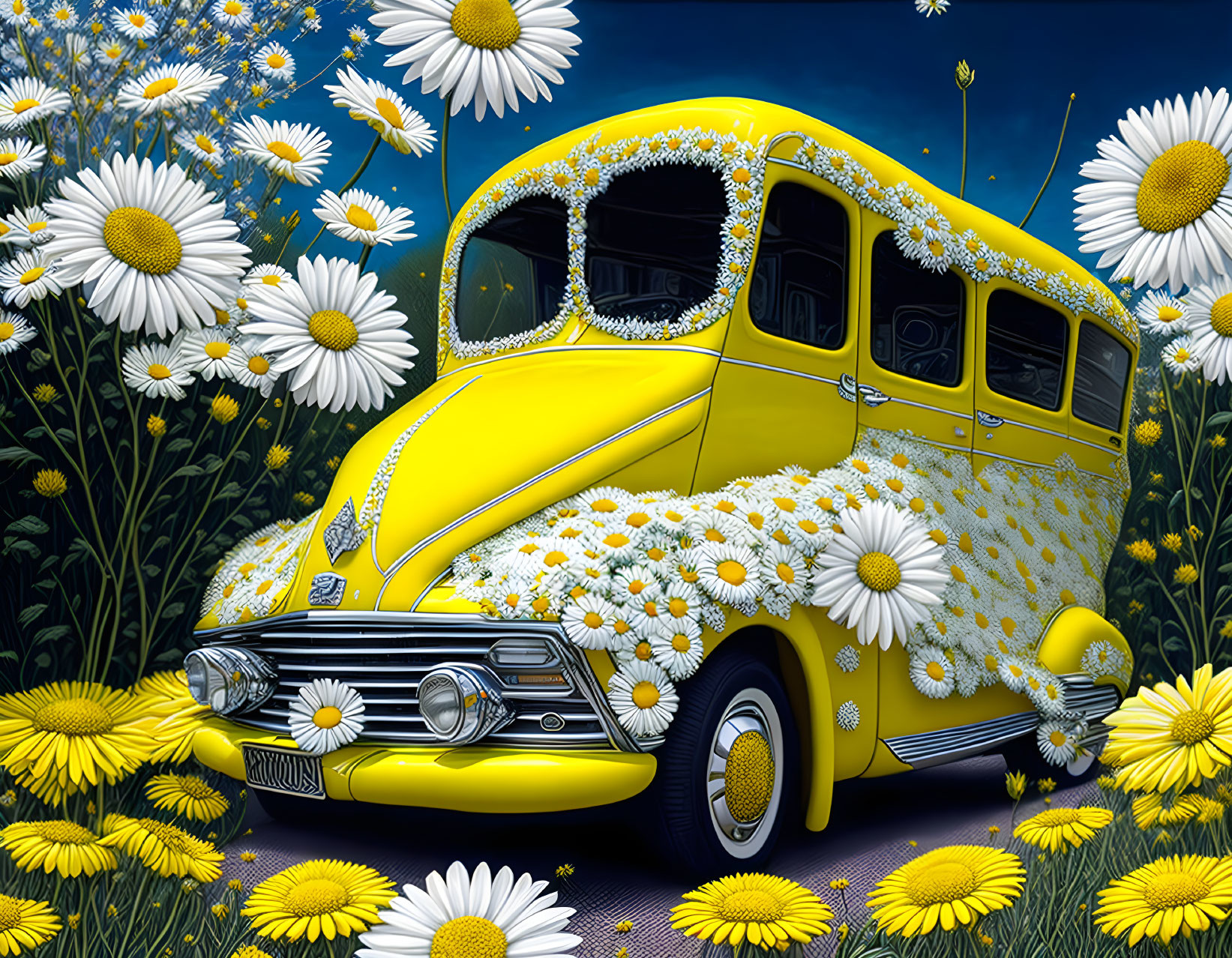 Yellow vintage bus with daisies in a starry field