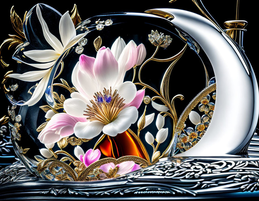 Beautiful Flowers Framed In Silver & Gold