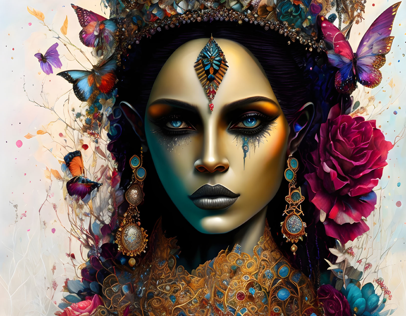 Detailed digital artwork: Woman with blue skin, ornate headdress, jewelry, and butterflies, ex
