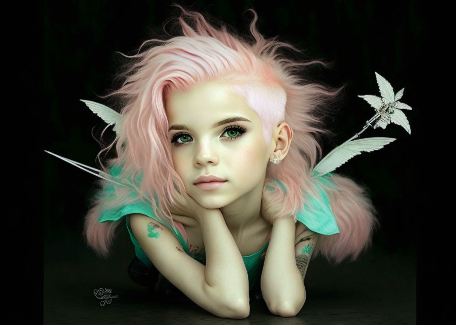 Fantasy image of person with pink hair, elf-like ears, and fairy wings resting chin on hands