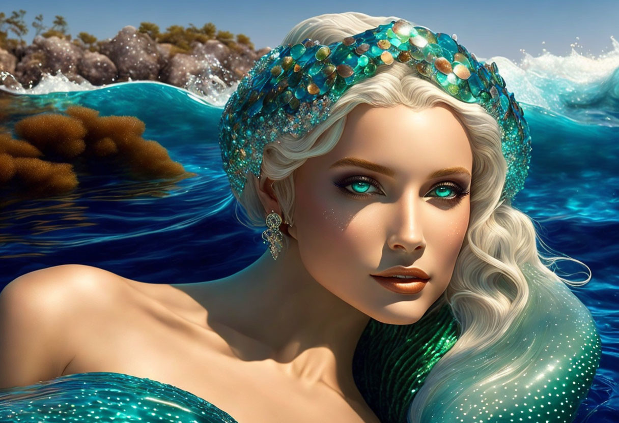 Digital artwork of woman with oceanic features and jeweled headpiece merging with waves.