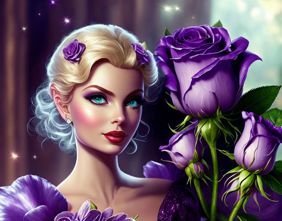 Digital Artwork: Woman with Blue Eyes and Vintage Hair Holding Purple Roses