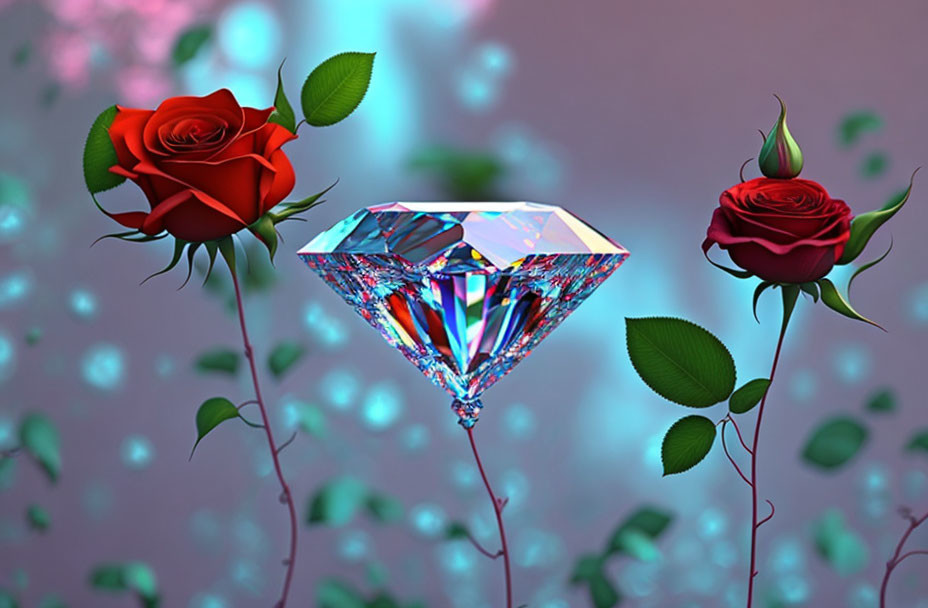 Radiant diamond among red roses on bokeh light background
