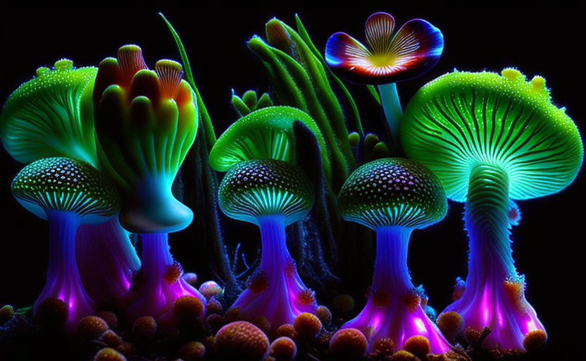 Vibrant neon-colored mushrooms on black background: Fantasy botanical scene