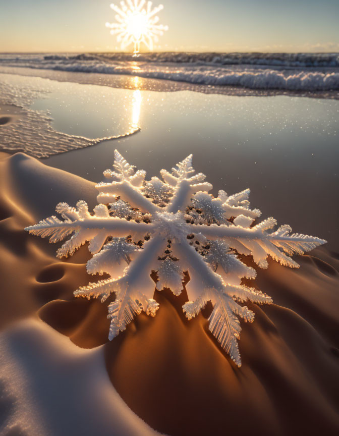 Snowflake on sandy terrain under setting sun with gentle waves