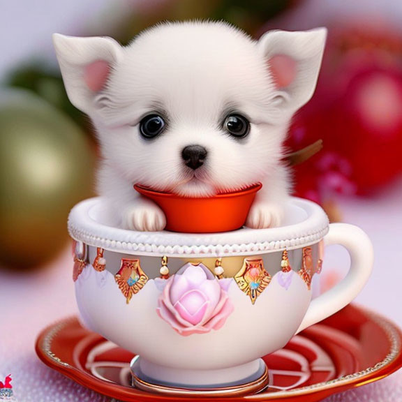 Tiny white puppy in tea cup with red object in mouth