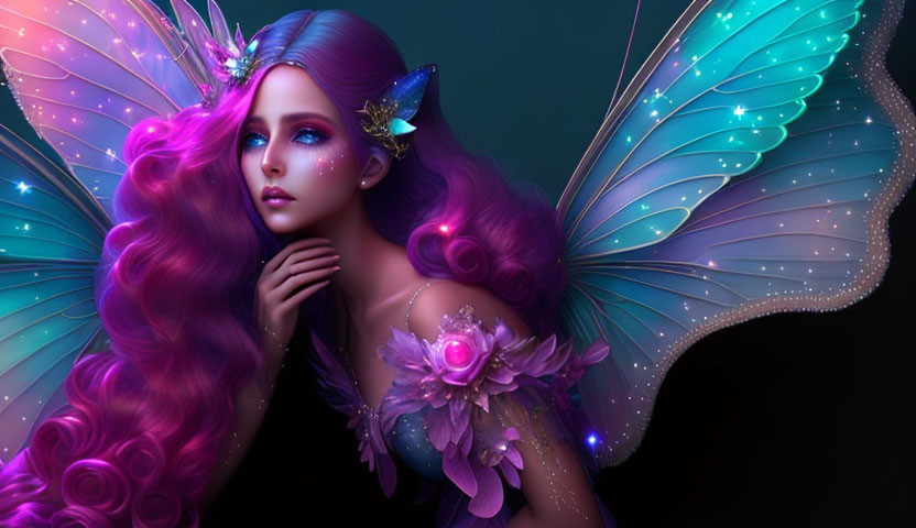 Fantasy image featuring person with pink and blue hair, butterfly wings, ethereal makeup, and floral