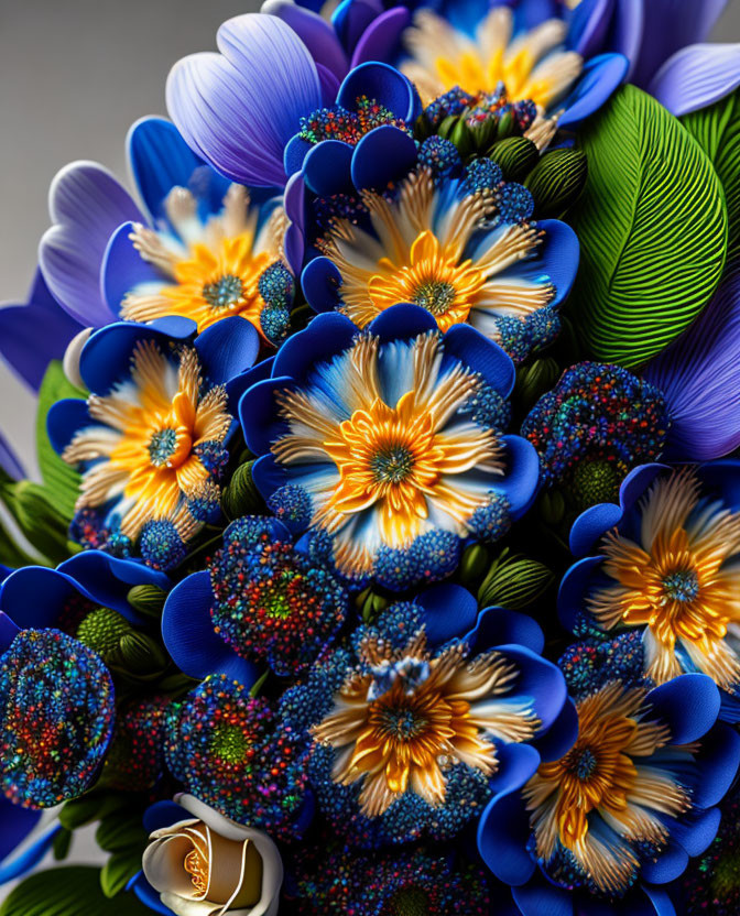 Colorful Paper Flower Bouquet in Blue and Gold with Intricate Patterns