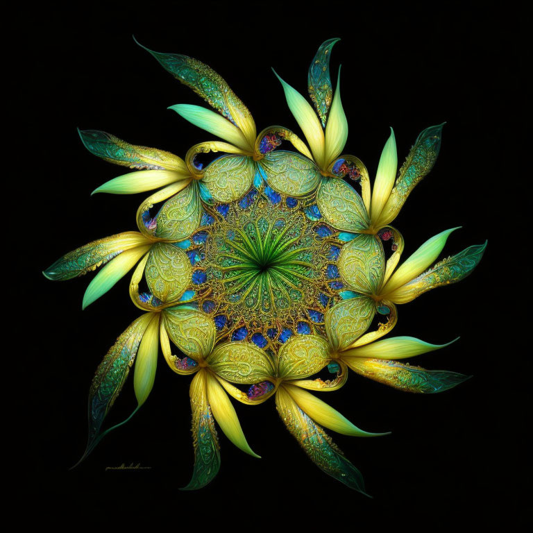 Symmetrical digital art: Vibrant yellow flower on black background