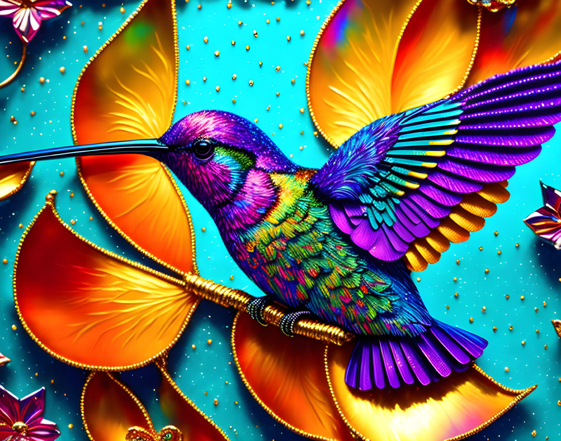 Colorful digital artwork: hummingbird in flight with iridescent feathers