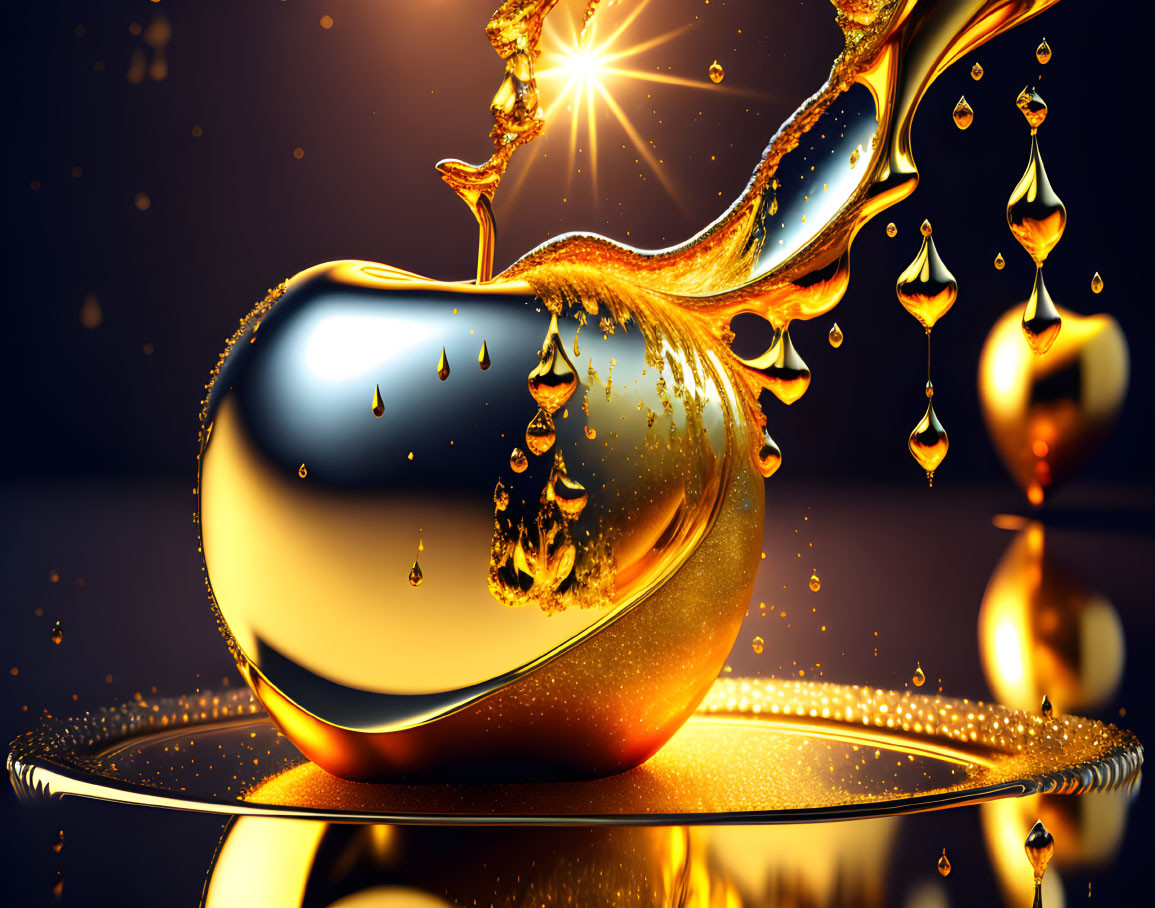 Golden Apple with Liquid Gold Stream on Dark Background: Luxury and Fantasy Theme