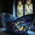 Colorful Flower Stained Glass Bathtub Against Tiled Floor and Window