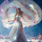Ethereal woman in floral gown surrounded by lush flowers