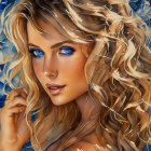 Colorful illustration of a woman with flowing hair and blue eyes
