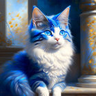 Majestic white and blue-furred cat beside classical column in digital artwork