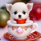 White Chihuahua Puppy in Tea Cup with Heart and Rose on Romantic Background